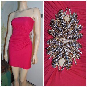 SKY Strapless Mini DressY2K Artsy Jeweled Tigers Pink Bodycon Mob Wife Elegant